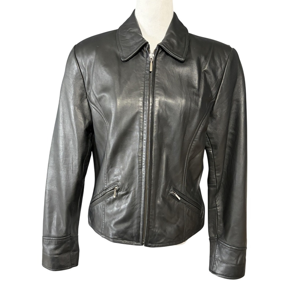Lord & Taylor Jacket Womens Petite 4P Black Leather Zip Pockets Collared Lined